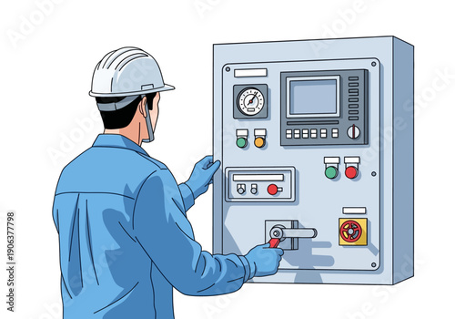 Technician operating industrial control panel with various buttons and dials