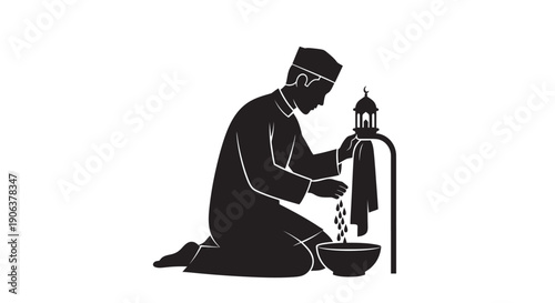 Man performing ablution before prayer in simple line art style