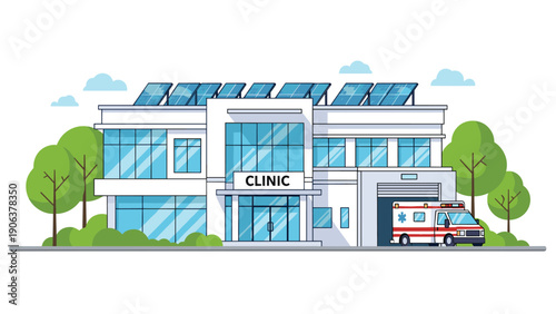 Contemporary medical clinic building features an ambulance parked outside and solar panels on the roof for eco friendly operations.