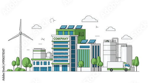Modern company building integrates green rooftops with solar panels and wind turbines to create a sustainable industrial workplace.