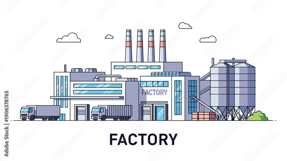 Obraz premium Massive industrial manufacturing plant with large storage silos and multiple delivery trucks ready for global product distribution.