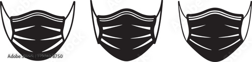 Three black surgical face masks on white background