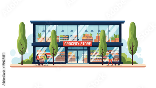 Modern two-story grocery store featuring large display windows and shoppers with carts walking past lush green trees in the foreground.