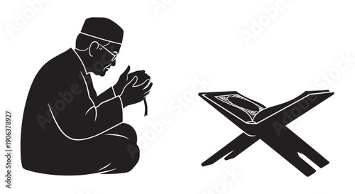 Man praying with Quran on a lectern in minimalist style