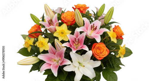 Abundant bouquet of mixed flowers including lilies, roses, and daffodils in vibrant orange, pink, and yellow hues.