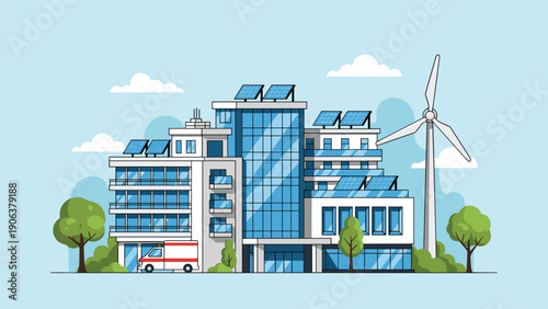 Sustainable healthcare facility featuring a modern hospital building with renewable energy systems and an ambulance stationed at the entrance.