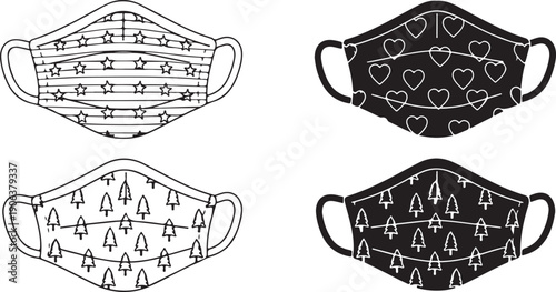 Four different face masks with various patterns on white background