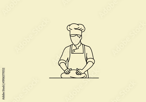 Professional Culinary Worker Kneading Dough Expertly Preparing Baking Ingredients Food Service Occupation Artistic Outline Style Representation