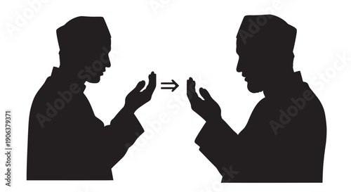 Two men communicating in sign language with a double arrow between them