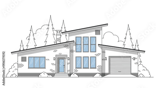 Contemporary minimalist residential home featuring an asymmetrical sloped roof design and a built-in garage surrounded by pine trees.