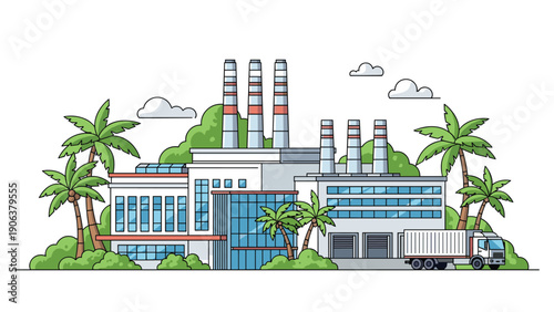 Contemporary industrial manufacturing facility with tall chimneys and large glass windows surrounded by a lush tropical palm tree landscape.