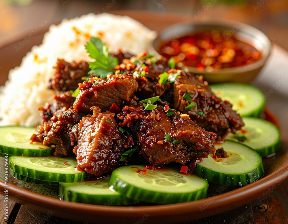 Fototapeta premium Authentic Asian Stir-fried Beef with Fluffy White Rice, Crisp Cucumber Slices, and a Spicy Dipping Sauce on a Rustic Plate for a Flavorful Meal