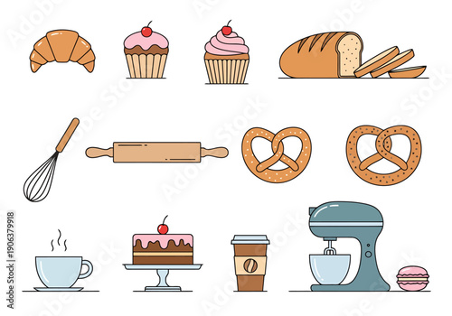 Collection of bakery and baking items including pastry bread cake coffee and kitchen tools presented in a clean line art style for modern design