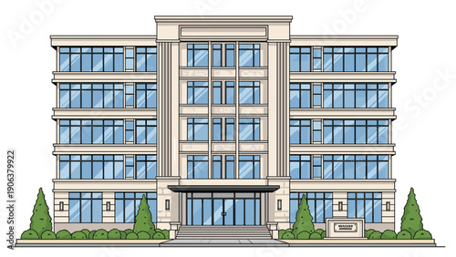Symmetrical four-story modern building with large glass windows and elegant classical architectural details surrounded by green landscaping.