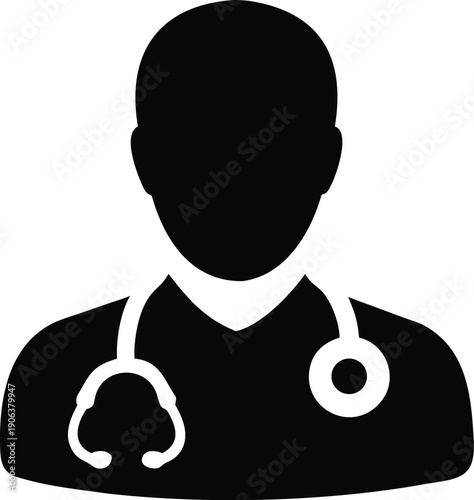 A simple black silhouette depicts a doctor with a stethoscope around their