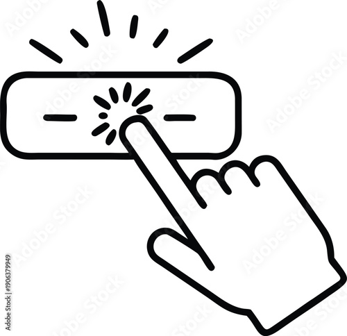A hand is pressing a rectangular button with a radiating burst effect