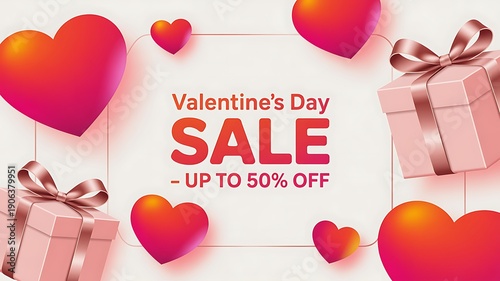 Valentine's Day sale with gifts and hearts on white background