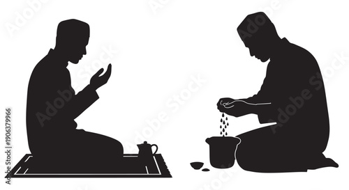 Silhouette of Muslim men praying and preparing tea in a serene minimalist style
