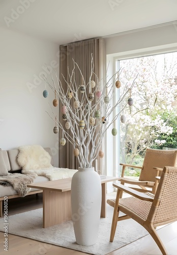 Modern living room with decorative Easter tree
