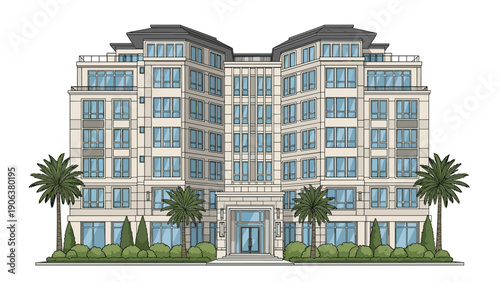 High-end contemporary residential apartment complex featuring a symmetrical design and glass balconies surrounded by tropical palm trees.