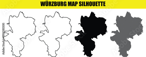 Würzburg map silhouette vector collection featuring white outline solid black and halftone dot patterns on transparent grid