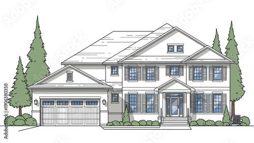 Elegant two-story white suburban residence includes black decorative shutters and an attached three-car garage surrounded by tall pine trees.