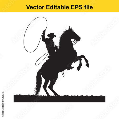  cowboy riding horse and swinging lasso rope isolated on white background