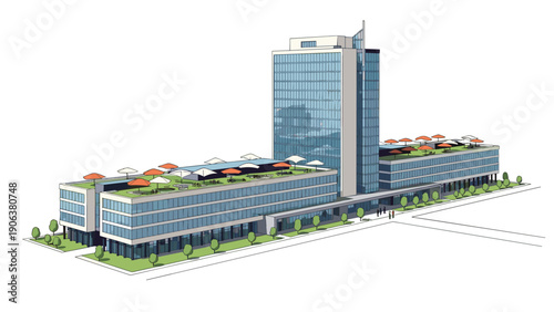 Modern architectural complex features multiple levels with glass facades and rooftop terraces equipped with orange and white umbrellas.