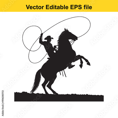  cowboy on horseback lassoing with rope isolated on white background