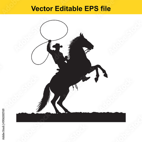  cowboy on horseback lassoing rope in silhouette isolated on white background