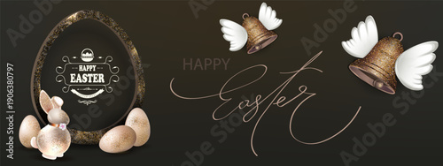 Happy Easter. Festive card with eggs and bells with gold wings.
