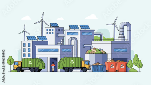 Sustainable waste management and recycling facility features specialized trucks and solar panels with wind turbines for green operations.