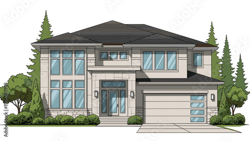 Sleek modern two-story house features large floor-to-ceiling glass windows and stone facade accents surrounded by lush pine trees and shrubs.