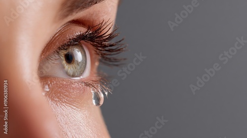 Tears reflecting emotion: close-up of human eye with teardrop