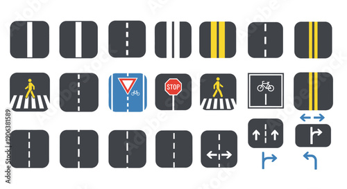 Collection of various road signs and markings illustrations on a grid layout