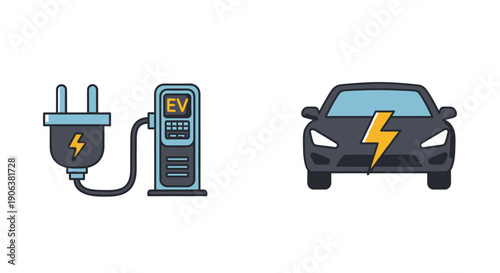 Electric vehicle charging at a public charging station with a sleek modern car and a power plug