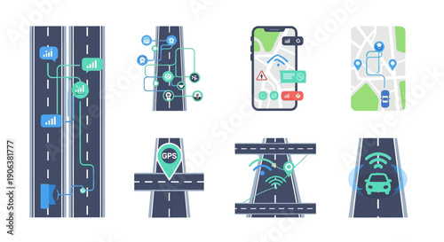 Navigation System Illustration Showing Route Planning and Location Tracking on Various Roadways from Different Viewpoints
