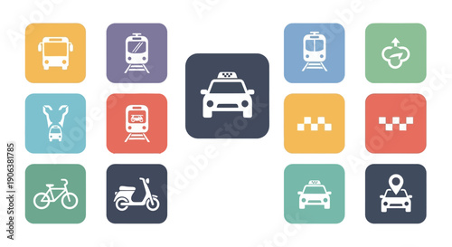 Collection of various transportation icons displayed on colorful square buttons