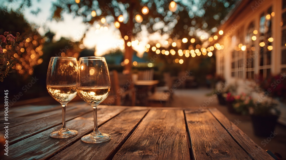 Fototapeta premium Two Glasses of White Wine on a Wooden Table at an Evening Outdoor Party.
