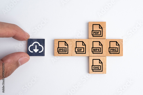 wooden box with save file icon or download file format JPEG, PNG, GIF, PDF, SVG And MP4 file. file icons are arranged into folders. Concept document management system or DMS.
