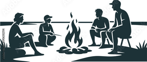 Illustration of four friends sitting around a campfire on a lake shore at night