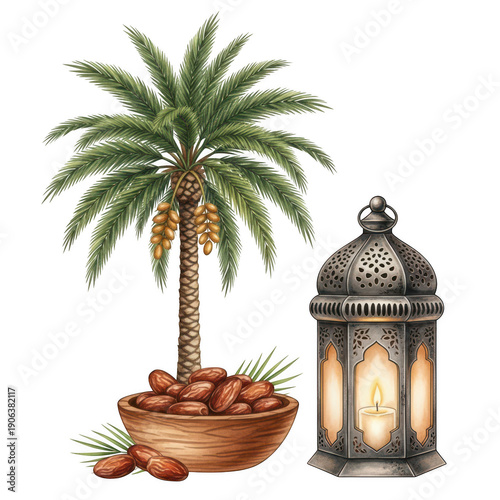 Watercolor illustration of a date palm tree with ripe fruits, a bowl of dates, and a decorative lantern for Ramadan.