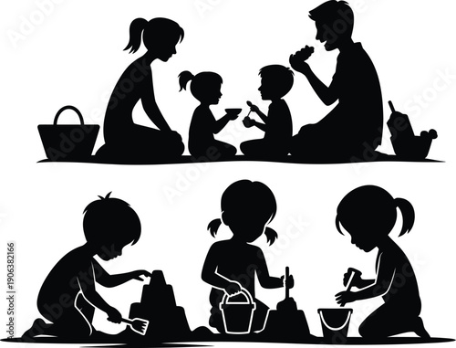 Illustration of silhouette of family building sandcastles on beach vacation together