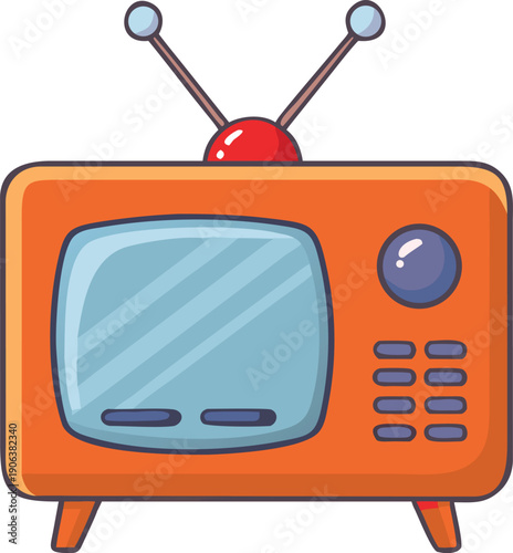 A colorful cartoon illustration depicts a vintage television set with antennae high quality