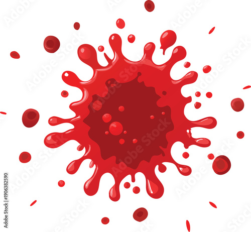 A vibrant red splash of liquid resembling blood with varying droplet sizes