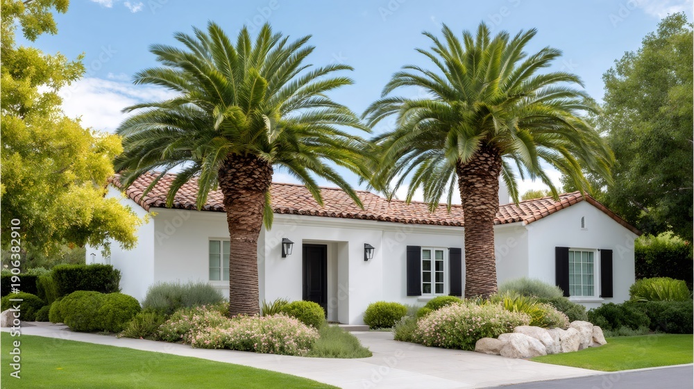 Fototapeta premium Mediterranean style house with palm trees and green lawn