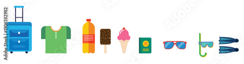 Collection of scrap booking elements for beach party. Tropical vacation, vector illustration.