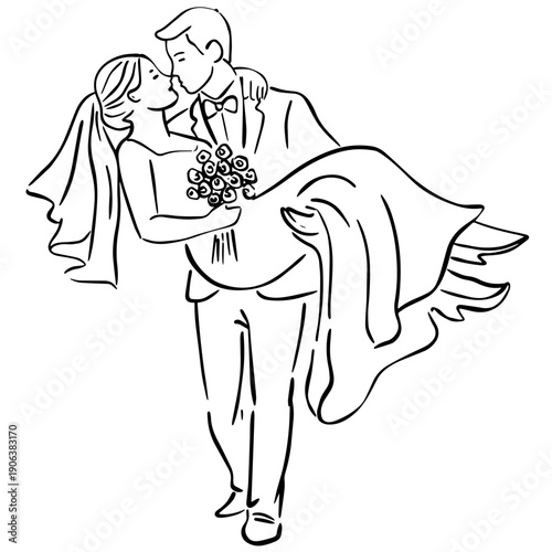 Romantic Wedding Couple Line Art Illustration, Groom Carrying Bride, Minimalist Outline Drawing