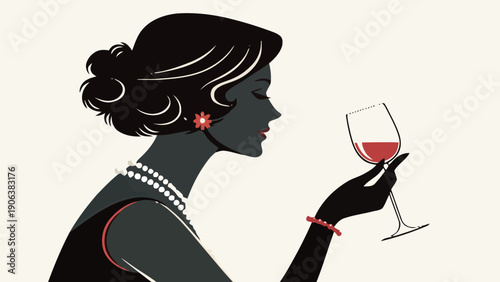 Elegant woman in silhouette holds wine glass with red liquid adorned with pearls and flowers against a cream background