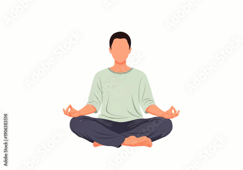 A serene Vector Flat Design Ilustration of a person meditating in a lotus position with hands in a peaceful gesture against a clean white background.